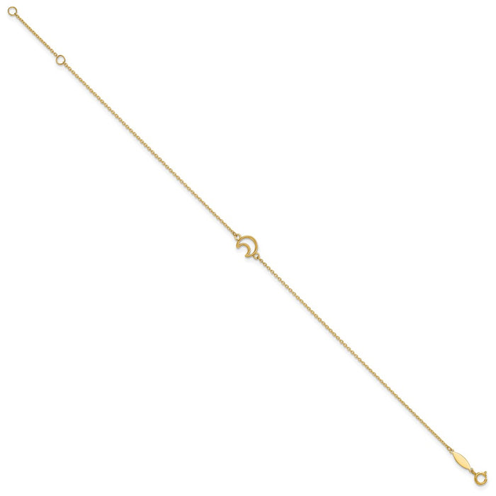 14K Gold Textured and Polished Moon 9in Plus 1in ext. Anklet-ANK274-10