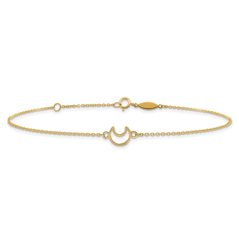 14K Gold Textured and Polished Moon 9in Plus 1in ext. Anklet-ANK274-10