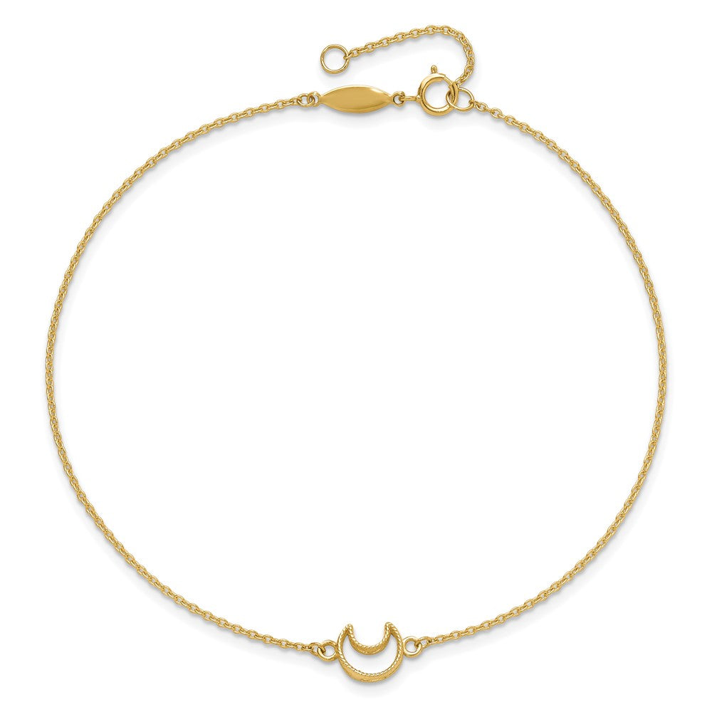 14K Gold Textured and Polished Moon 9in Plus 1in ext. Anklet-ANK274-10