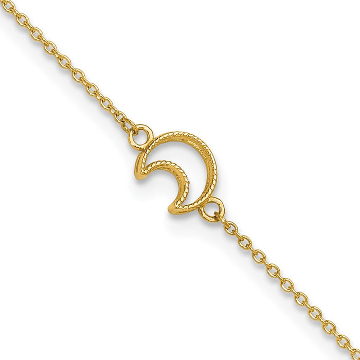 14K Gold Textured and Polished Moon 9in Plus 1in ext. Anklet-ANK274-10