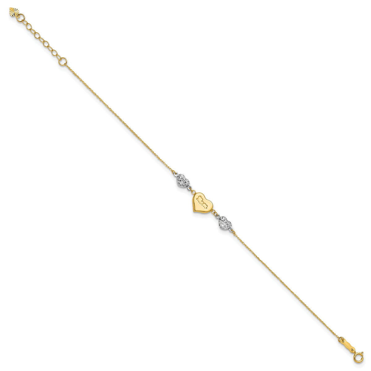 14K Two Tone Puffed MOM Heart 7in w/ 1 In Ext Bracelet-ANK277-7