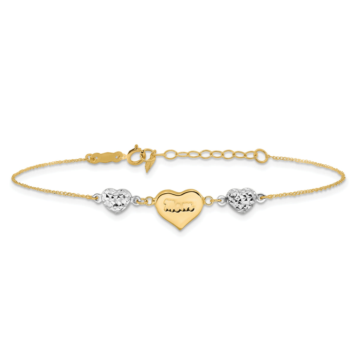 14K Two Tone Puffed MOM Heart 7in w/ 1 In Ext Bracelet-ANK277-7