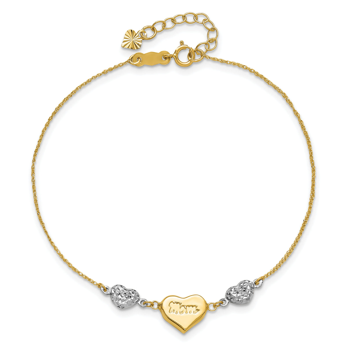 14K Two Tone Puffed MOM Heart 7in w/ 1 In Ext Bracelet-ANK277-7