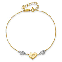 14K Two Tone Puffed MOM Heart 7in w/ 1 In Ext Bracelet-ANK277-7