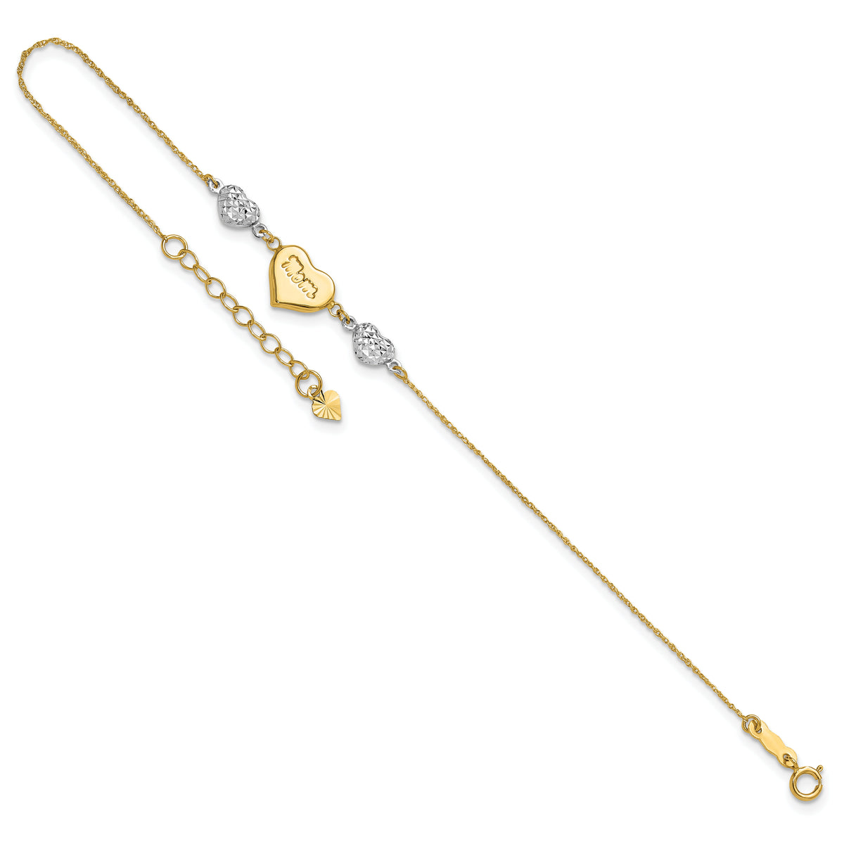 14K Two Tone Puffed MOM Heart 7in w/ 1 In Ext Bracelet-ANK277-7