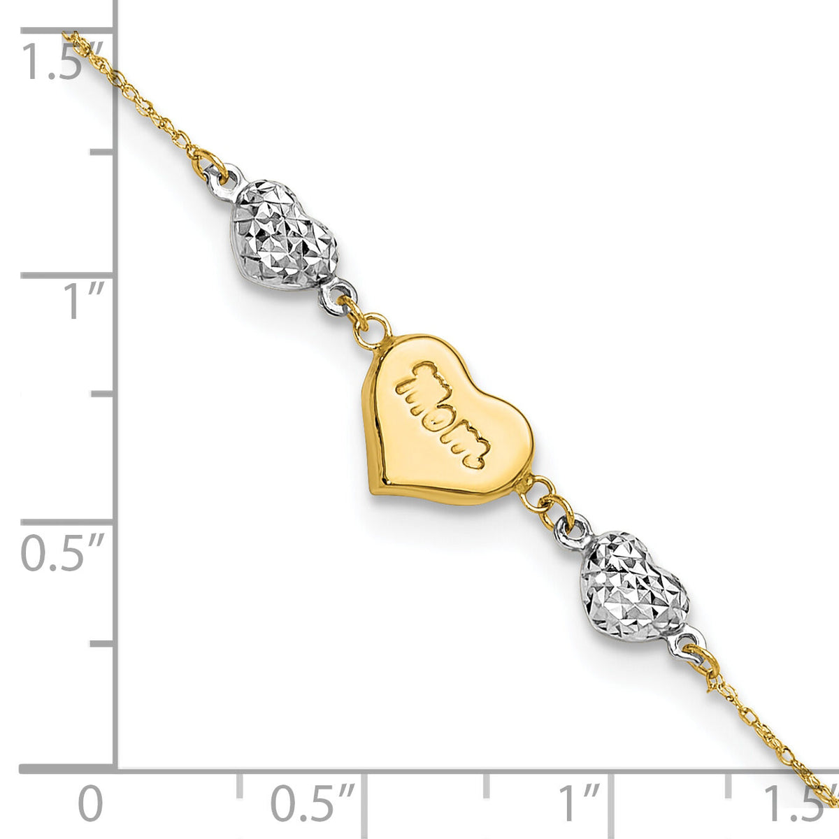 14K Two Tone Puffed MOM Heart 7in w/ 1 In Ext Bracelet-ANK277-7