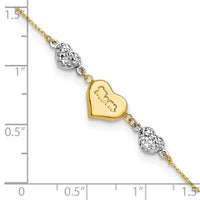 14K Two Tone Puffed MOM Heart 7in w/ 1 In Ext Bracelet-ANK277-7