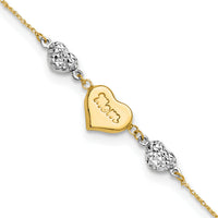 14K Two Tone Puffed MOM Heart 7in w/ 1 In Ext Bracelet-ANK277-7