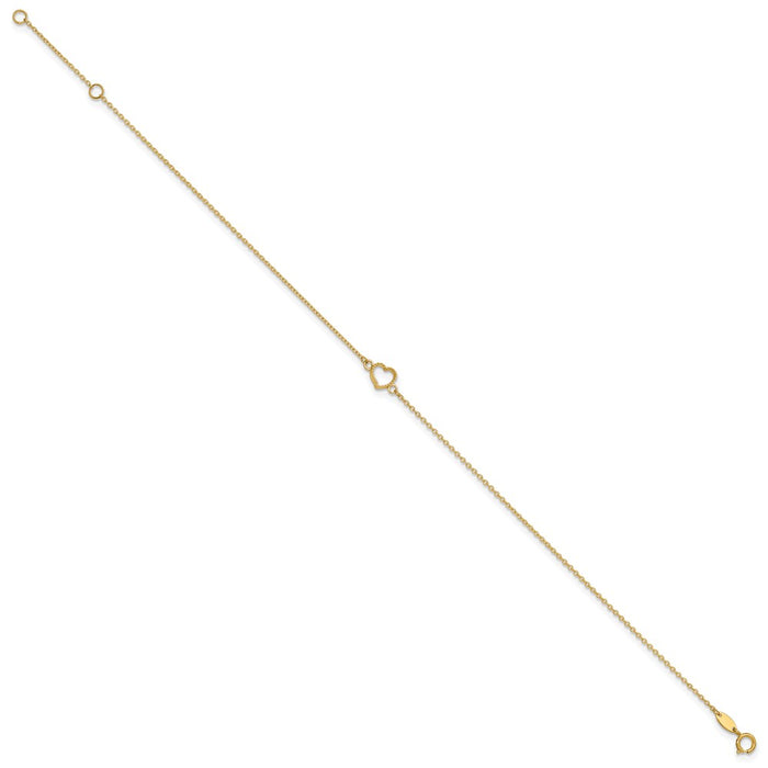 14K Textured and Polished Heart 9in Plus 1in ext Anklet-ANK278-10