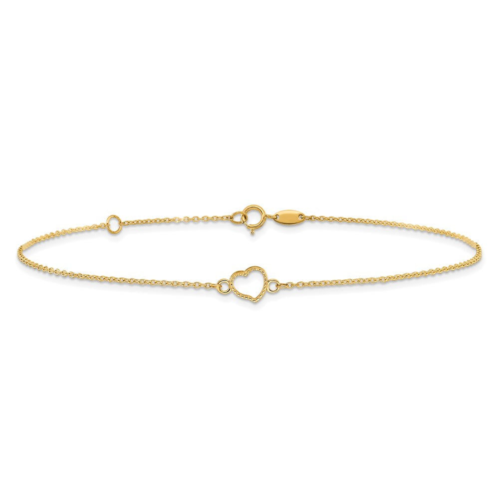 14K Textured and Polished Heart 9in Plus 1in ext Anklet-ANK278-10