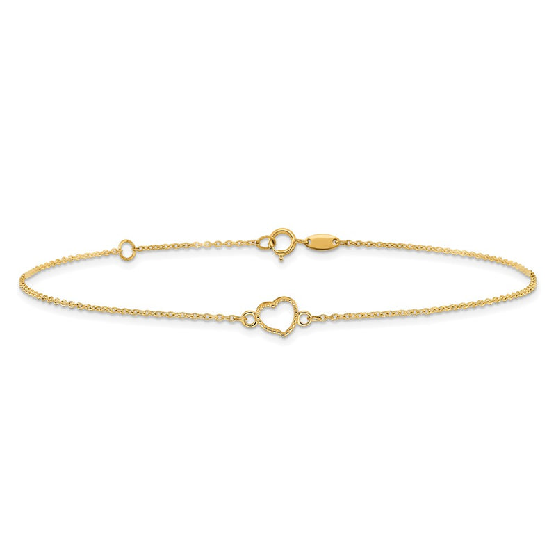 14K Textured and Polished Heart 9in Plus 1in ext Anklet-ANK278-10