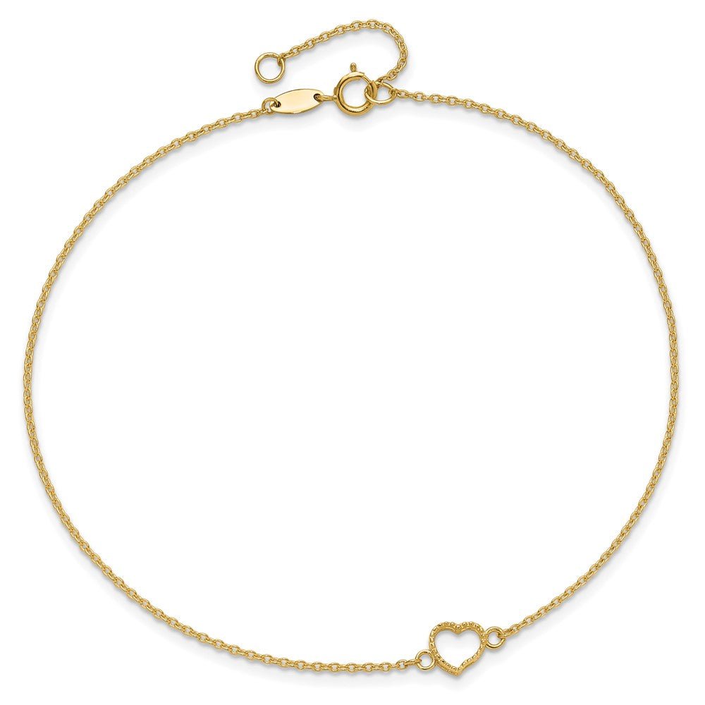 14K Textured and Polished Heart 9in Plus 1in ext Anklet-ANK278-10