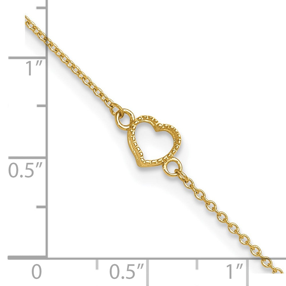 14K Textured and Polished Heart 9in Plus 1in ext Anklet-ANK278-10