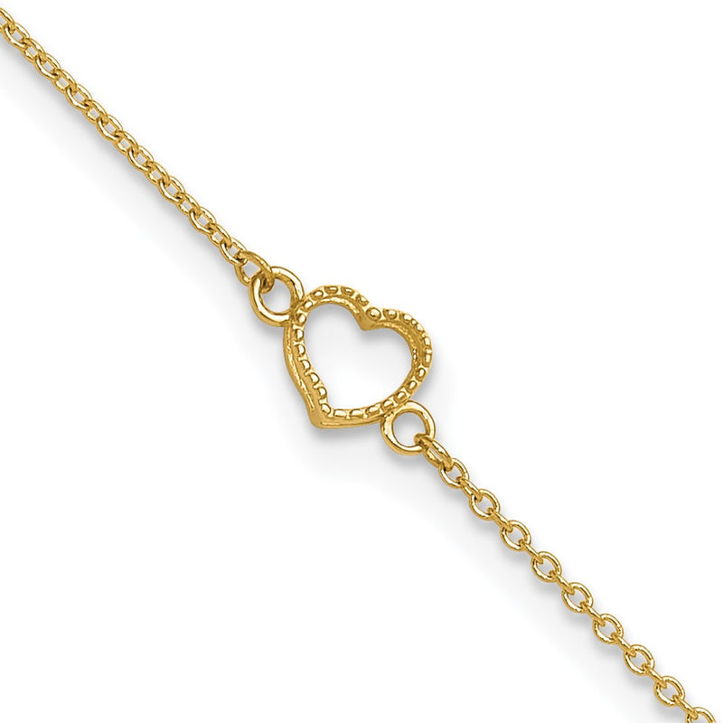 14K Textured and Polished Heart 9in Plus 1in ext Anklet-ANK278-10