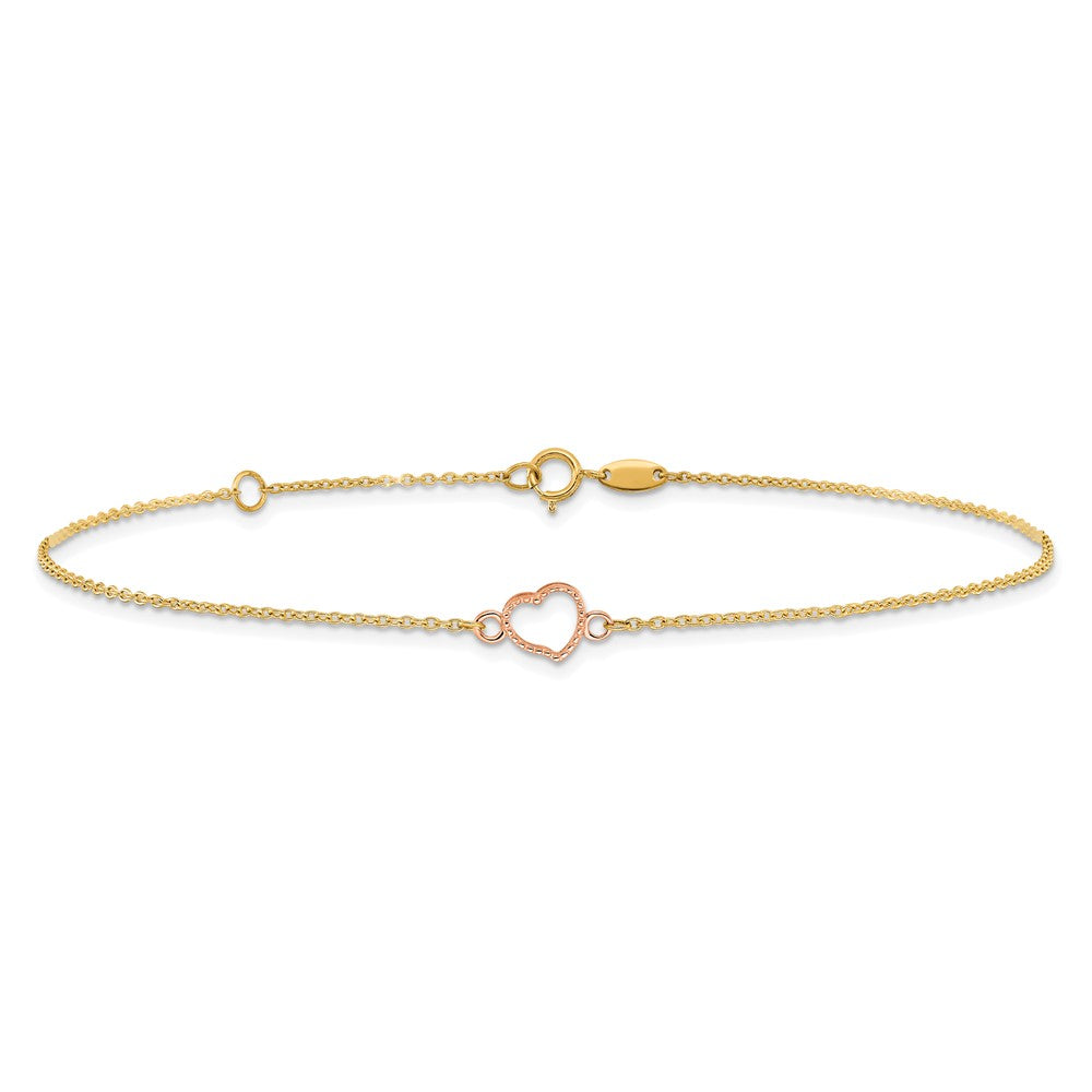 14k Two-tone Textured and Polished Heart 9in Plus 1in ext. Anklet-ANK278Y/R-10