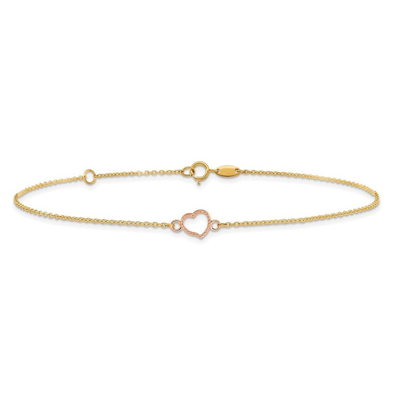 14k Two-tone Textured and Polished Heart 9in Plus 1in ext. Anklet-ANK278Y/R-10