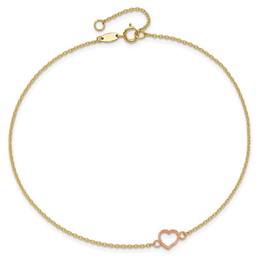 14k Two-tone Textured and Polished Heart 9in Plus 1in ext. Anklet-ANK278Y/R-10