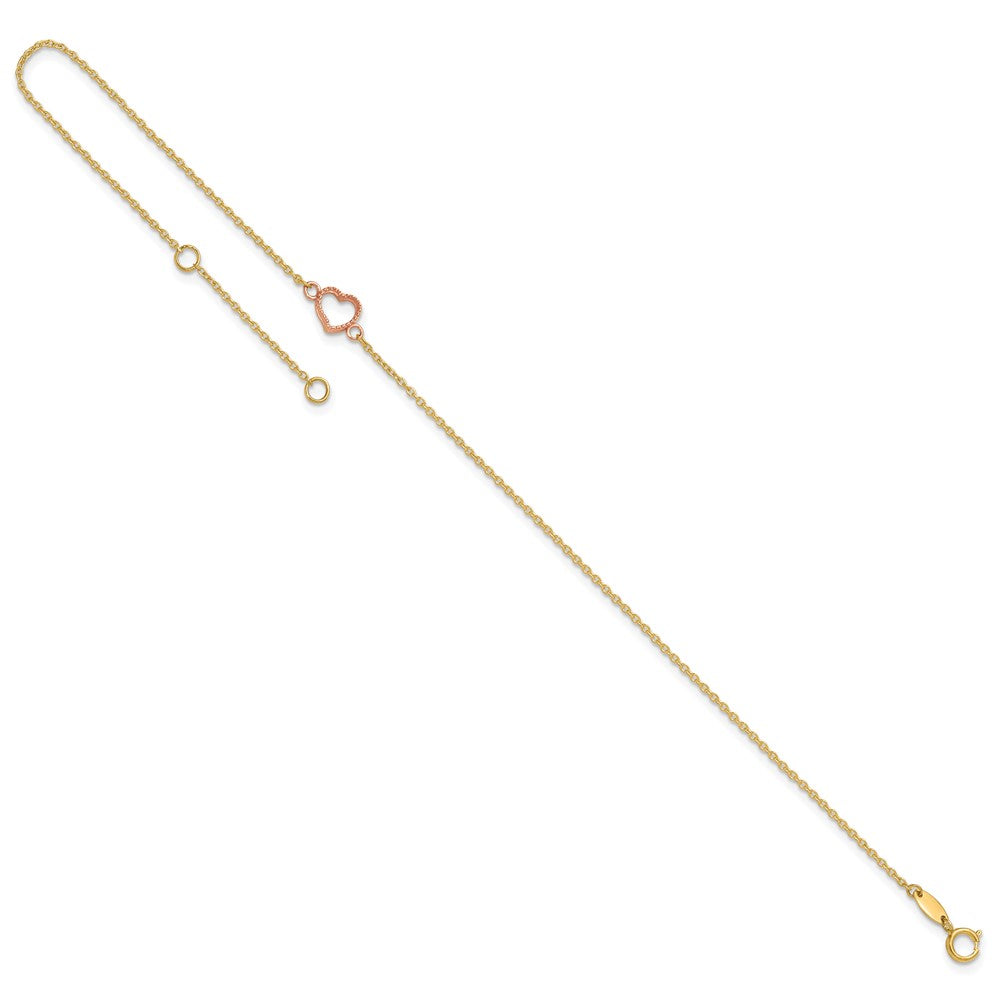 14k Two-tone Textured and Polished Heart 9in Plus 1in ext. Anklet-ANK278Y/R-10