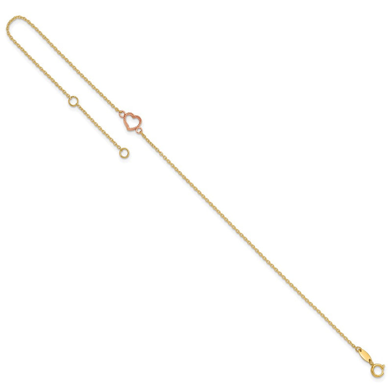 14k Two-tone Textured and Polished Heart 9in Plus 1in ext. Anklet-ANK278Y/R-10