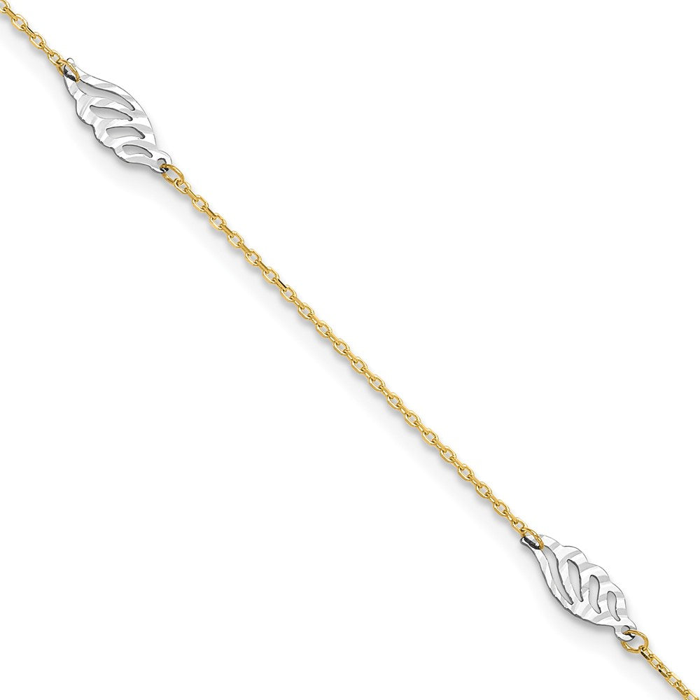 14K Two-Tone Diamond-cut Polished Leaf 9in Plus 1in ext. Anklet-ANK281-10