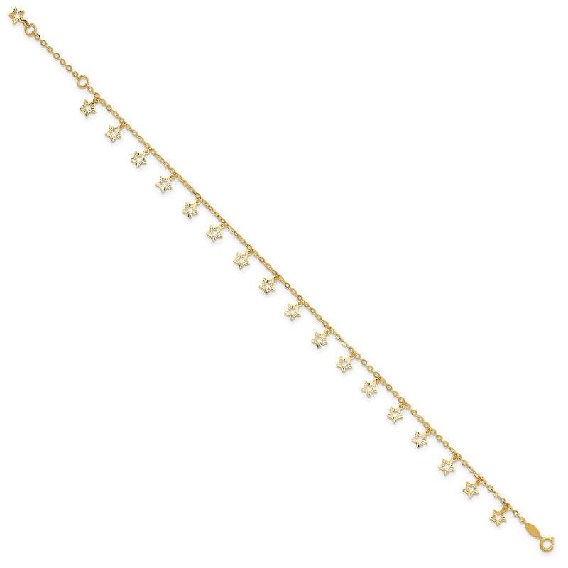 14k Polished and Textured Star 9in Plus 1in ext. Anklet-ANK282-10