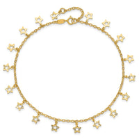 14k Polished and Textured Star 9in Plus 1in ext. Anklet-ANK282-10