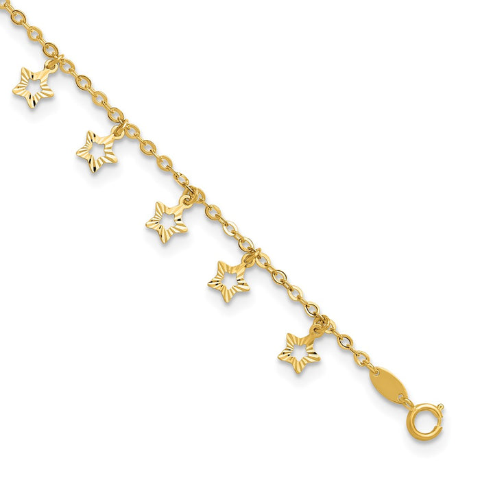 14k Polished and Textured Star 9in Plus 1in ext. Anklet-ANK282-10