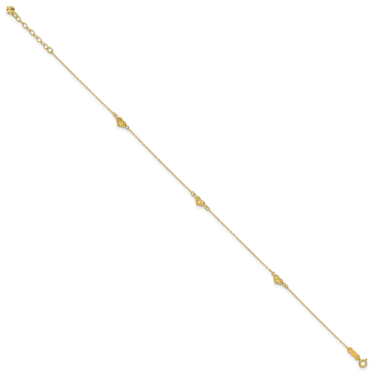 14k Polished Diamond-cut Triple Puffed Hearts 10in Plus 1in. Ext. Anklet-ANK287-10