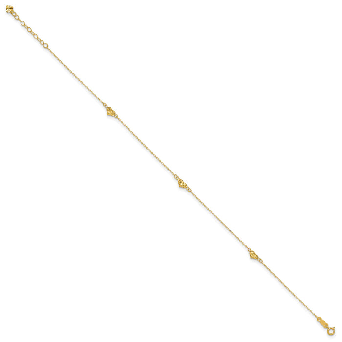14k Polished Diamond-cut Triple Puffed Hearts 10in Plus 1in. Ext. Anklet-ANK287-10
