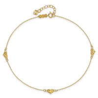 14k Polished Diamond-cut Triple Puffed Hearts 10in Plus 1in. Ext. Anklet-ANK287-10