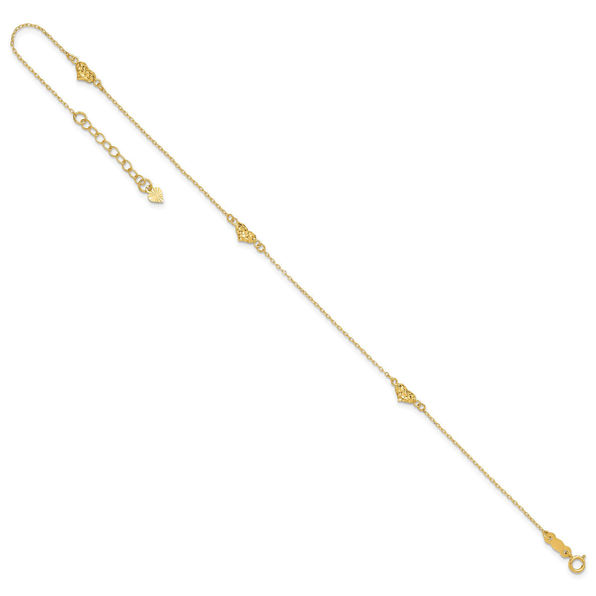 14k Polished Diamond-cut Triple Puffed Hearts 10in Plus 1in. Ext. Anklet-ANK287-10