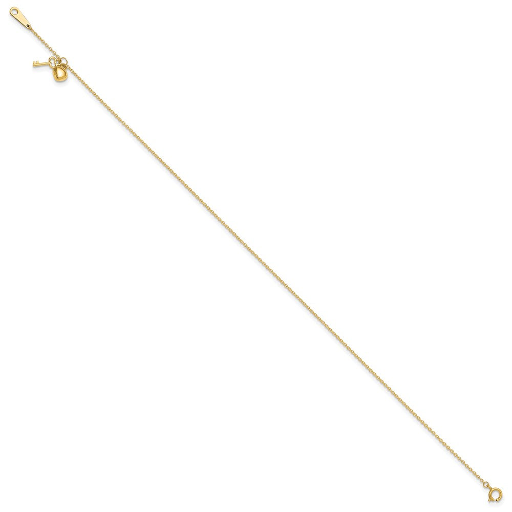 14k Gold Heart and Key 9in Plus 1in ext. Anklet-ANK289-10