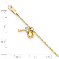 14k Gold Heart and Key 9in Plus 1in ext. Anklet-ANK289-10