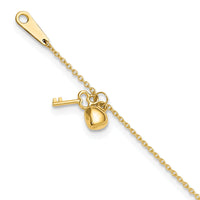 14k Gold Heart and Key 9in Plus 1in ext. Anklet-ANK289-10