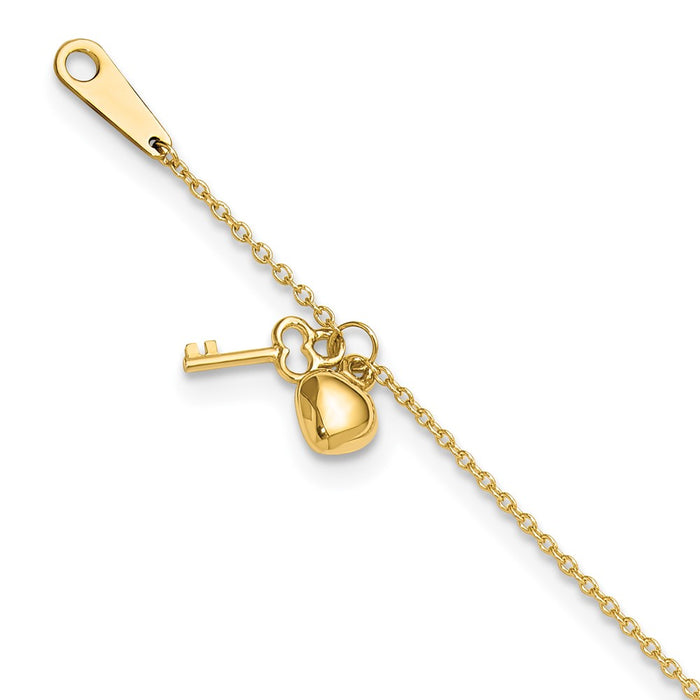 14k Gold Heart and Key 9in Plus 1in ext. Anklet-ANK289-10