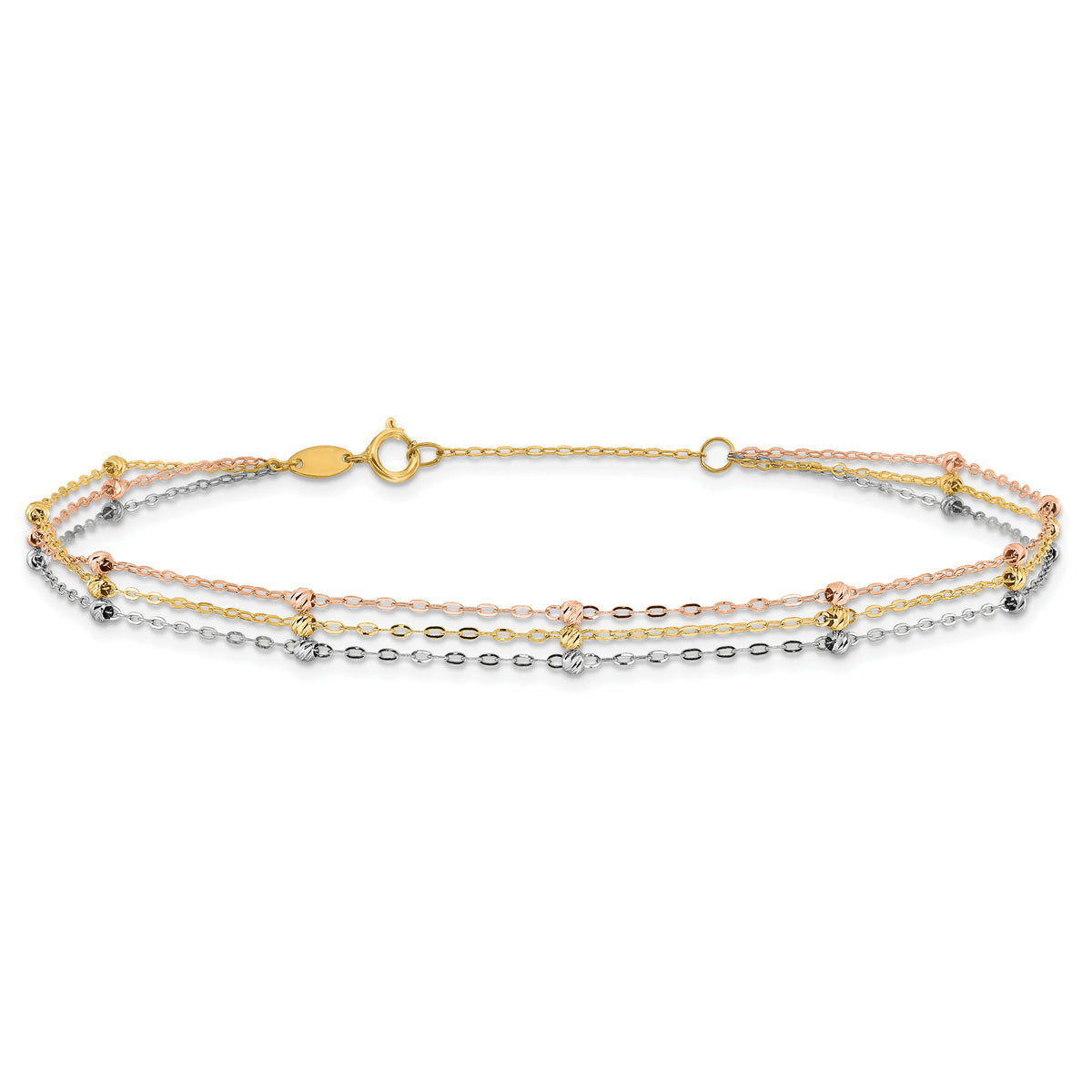 14k Tri-color 3-Strand Diamond-cut Beaded 9in Plus 1in ext Anklet-ANK290-10