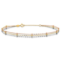 14k Tri-color 3-Strand Diamond-cut Beaded 9in Plus 1in ext Anklet-ANK290-10