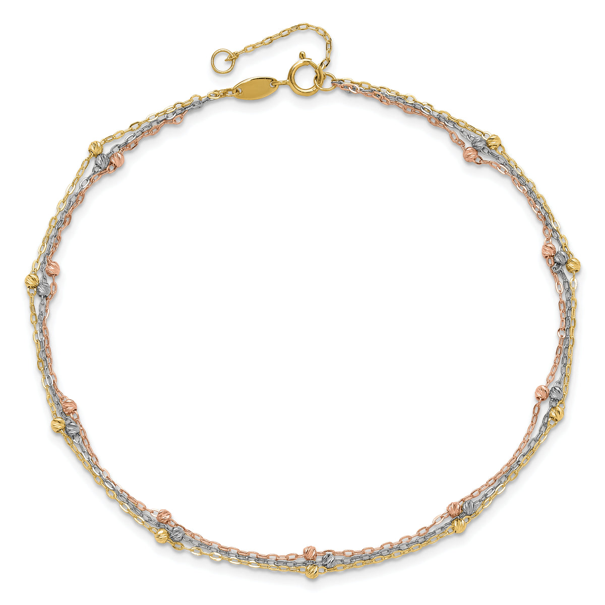 14k Tri-color 3-Strand Diamond-cut Beaded 9in Plus 1in ext Anklet-ANK290-10