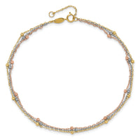 14k Tri-color 3-Strand Diamond-cut Beaded 9in Plus 1in ext Anklet-ANK290-10