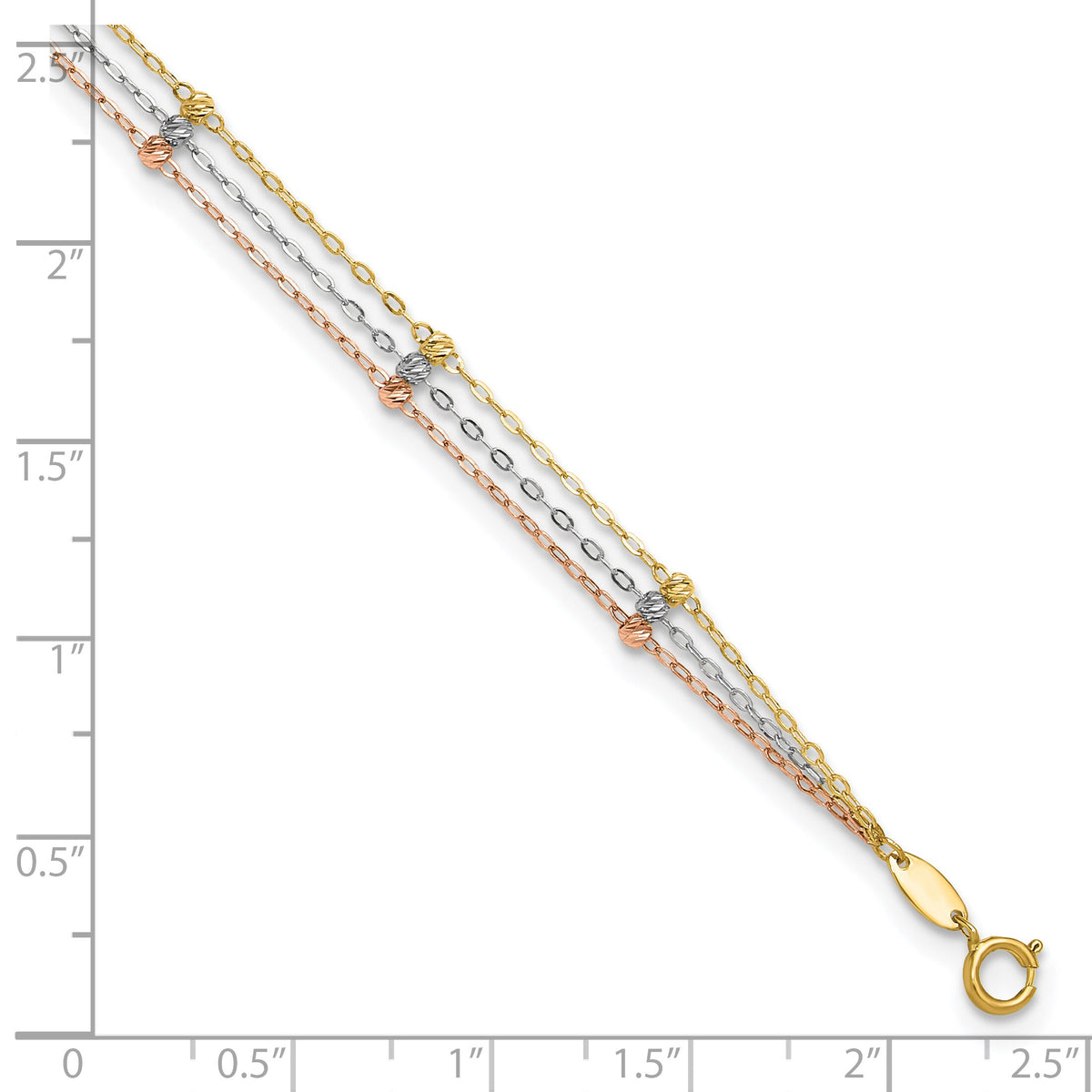 14k Tri-color 3-Strand Diamond-cut Beaded 9in Plus 1in ext Anklet-ANK290-10
