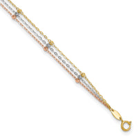 14k Tri-color 3-Strand Diamond-cut Beaded 9in Plus 1in ext Anklet-ANK290-10