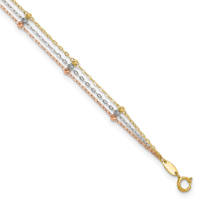 14k Tri-color 3-Strand Diamond-cut Beaded 9in Plus 1in ext Anklet-ANK290-10