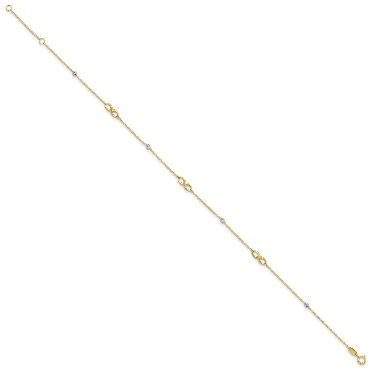 14K Two-Tone Diamond-cut Beads and Infinity 10in Plus 1in ext. Anklet-ANK301-10
