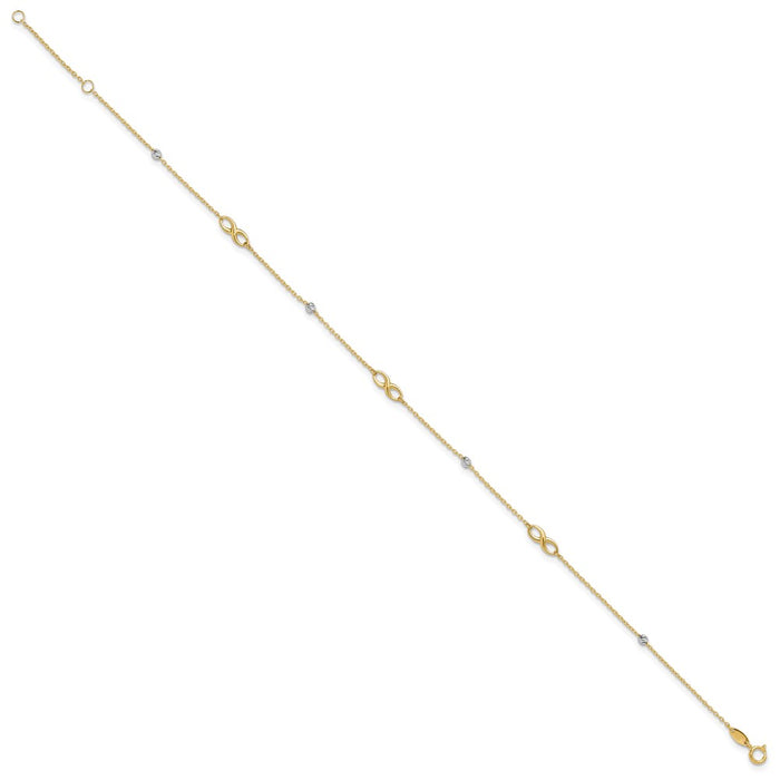 14K Two-Tone Diamond-cut Beads and Infinity 10in Plus 1in ext. Anklet-ANK301-10