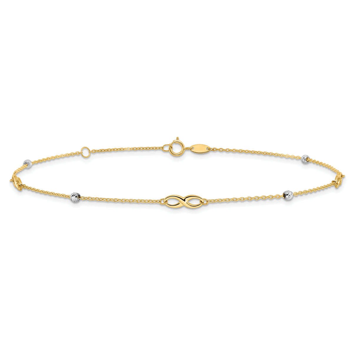 14K Two-Tone Diamond-cut Beads and Infinity 10in Plus 1in ext. Anklet-ANK301-10