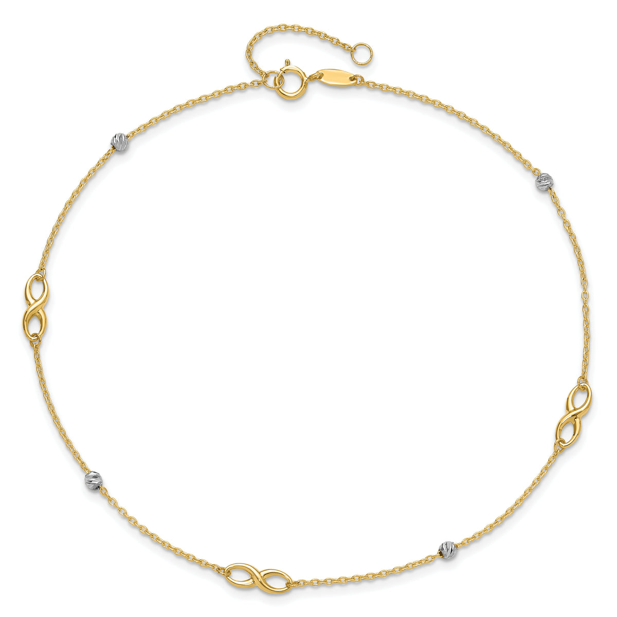 14K Two-Tone Diamond-cut Beads and Infinity 10in Plus 1in ext. Anklet-ANK301-10