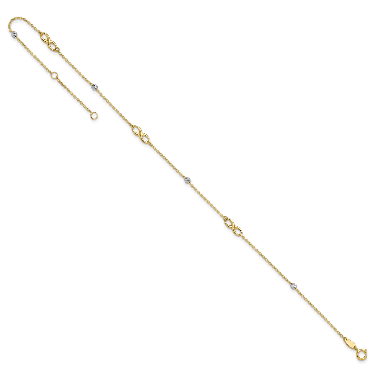 14K Two-Tone Diamond-cut Beads and Infinity 10in Plus 1in ext. Anklet-ANK301-10