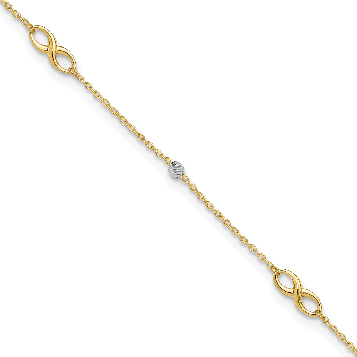 14K Two-Tone Diamond-cut Beads and Infinity 10in Plus 1in ext. Anklet-ANK301-10