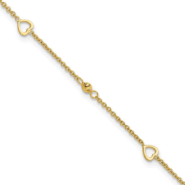 14K Polished and Diamond-cut Hearts 10in Plus 1in ext Anklet-ANK304-10