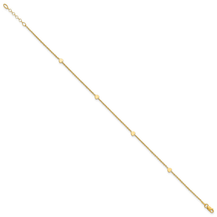 14K Polished Hearts 10in Plus 1in ext. Anklet-ANK305-10